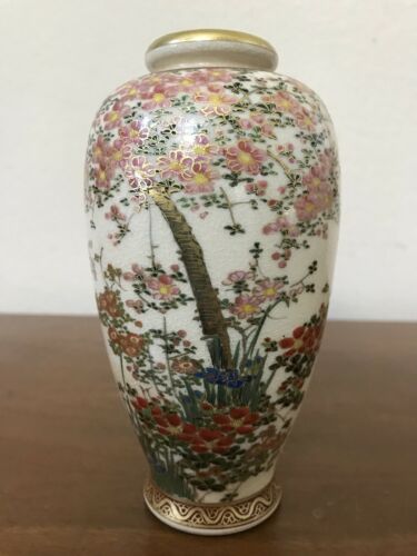 Antique Koshida Japanese SATSUMA Vase Painted Flowers 6”