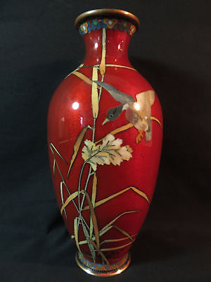 Japanese Cloisonne Red Vase w/ Duck Foliage