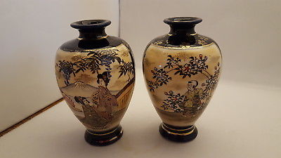 2 Vintage Kinkozan Satsuma Matching Cobalt Gold Decorated Vases 5