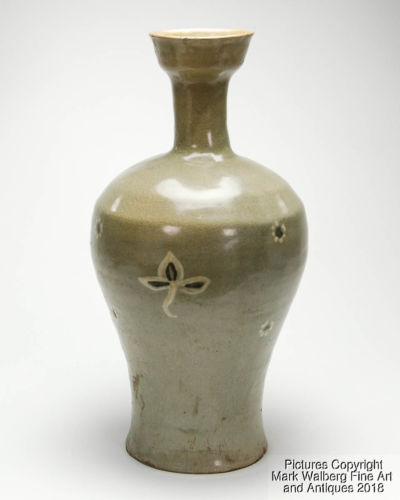 Korean Celadon Ware Vase with Inlaid Black & White Floral Design, Goryeo Period