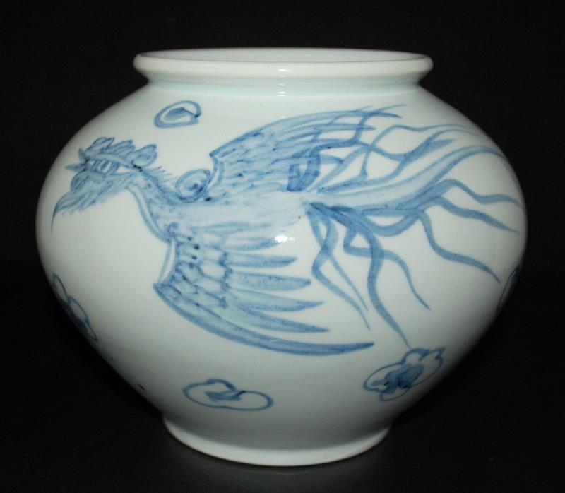Vintage Korean Blue & White Porcelain Twin Phoenix Design Vase. Signed.