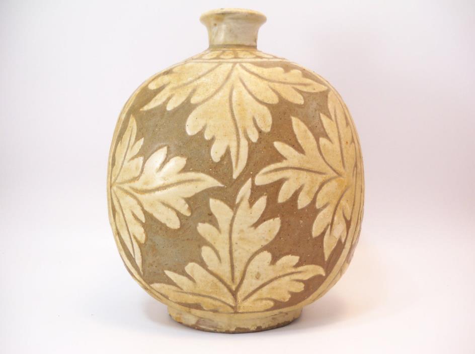 15th C Joseon Dynasty Korean Buncheong Ware Sgraffito Stoneware Bottle Flask