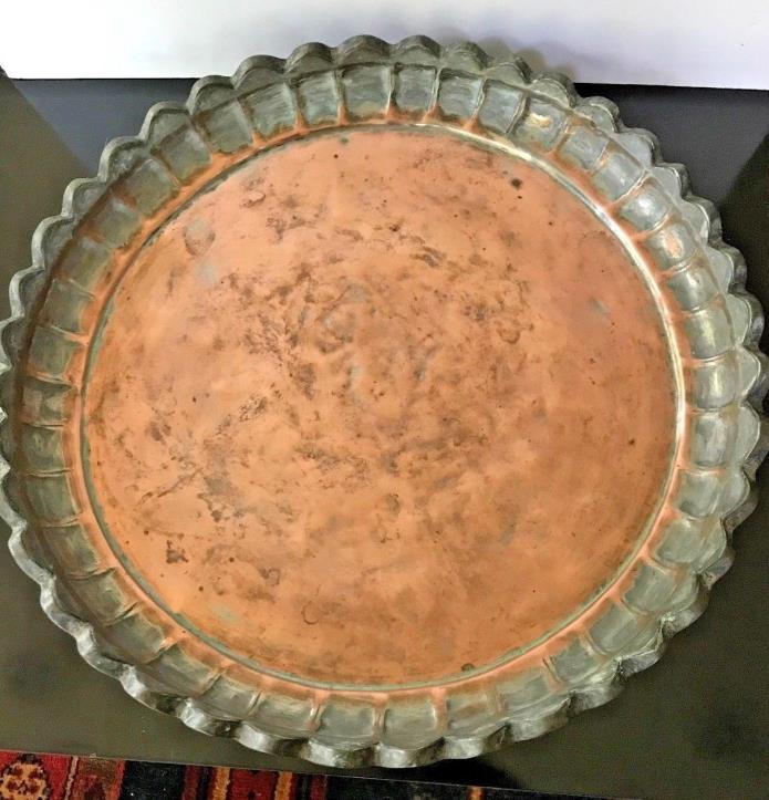 Antique Round Hand Hammered Persian COPPER Tray 17-1/2