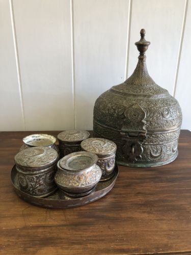 Antique Middle Eastern/Turkish? HAND HAMMERED Copper Traveling Tea Set