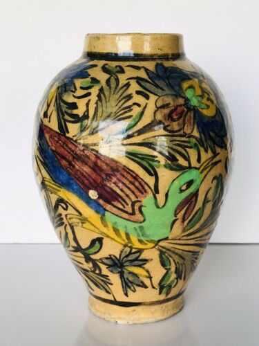 Large Antique Persian Pottery Vase Birds Flowers Motif