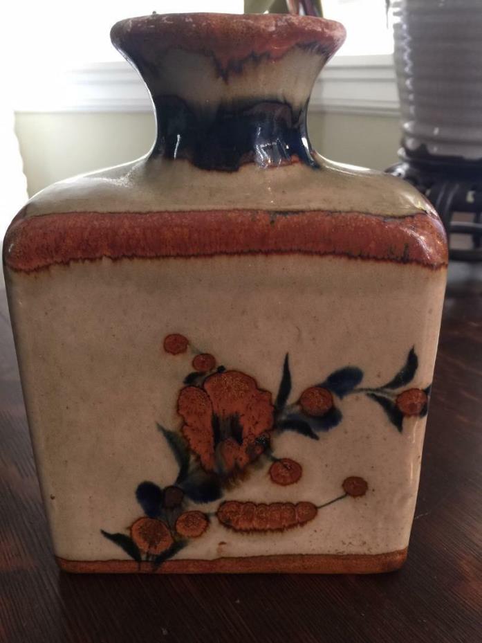 ANTIQUE PERSIAN GLAZED POTTERY FLASK OR BOTTLE FLORAL FLOWER DECORATION