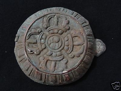 ANTIQUE  MONGOLIAN BUDDHIST HAND EMBOSSED COPPER ORNAMENT WITH CROSSED VAJRA