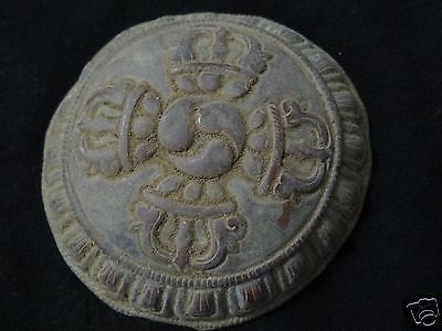 ANTIQUE  MONGOLIAN BUDDHIST HAND EMBOSSED COPPER ORNAMENT WITH CROSSED VAJRA #1
