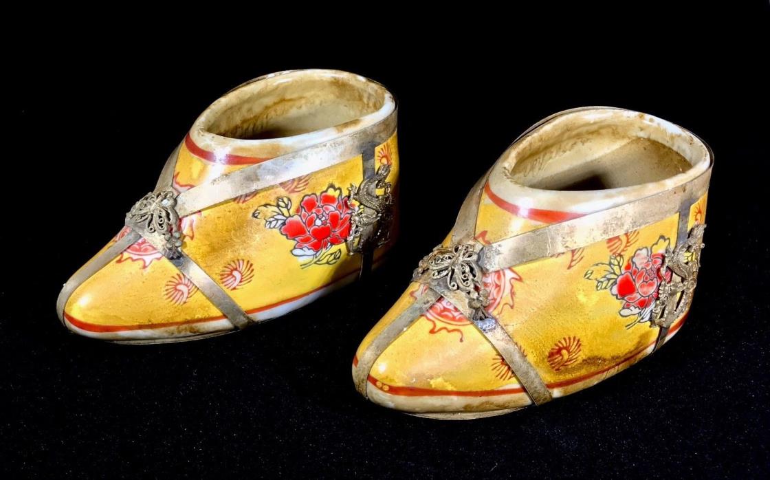 East Asian Antique Pair of Handcrafted Ceramic Baby Shoes DRAGON PHOENIX LOTUS