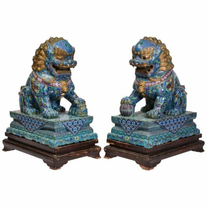 Massive Pair of Chinese Cloisonne Enamel Foo Dogs Lions on Wood Stands