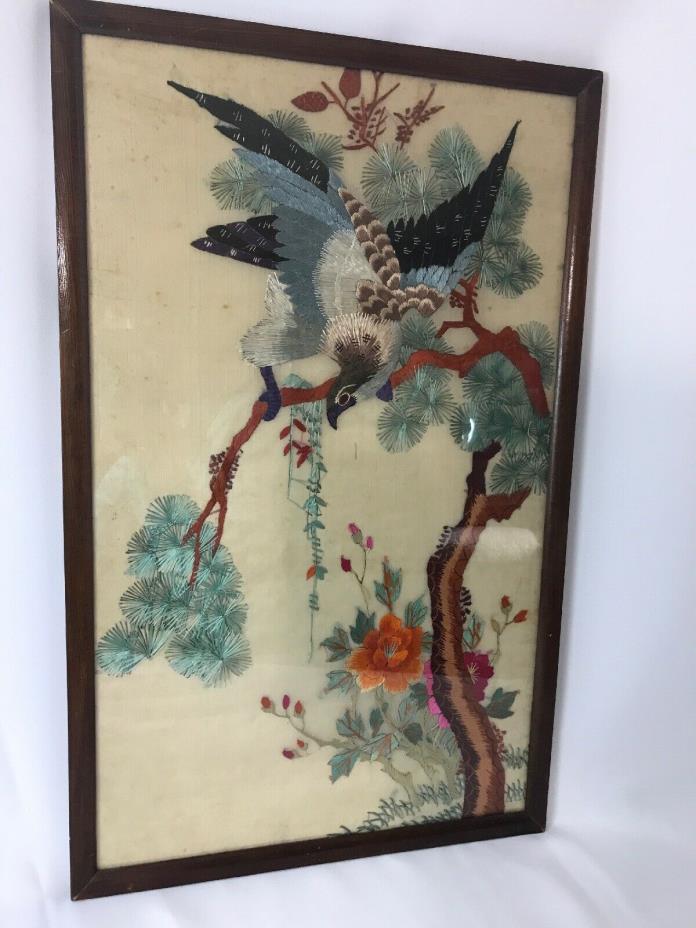 Antique Vtg Asian Japanese Chinese Silk Embroidery Wall Art Bird, Tree & Flowers
