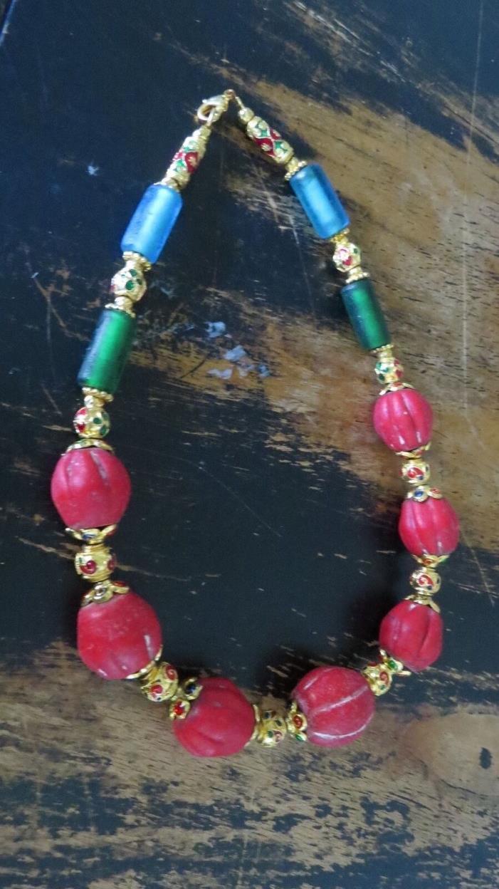 ANCIENT RED GREEN BLUE  BEADS VARIETY SIZES  INDONESIA NECKLACE