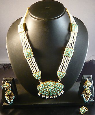 ANTIQUE VINTAGE REAL GOLD FINE TURQUOISE SEED PEARL NECKLACE SET 3 WEDDING INDIA