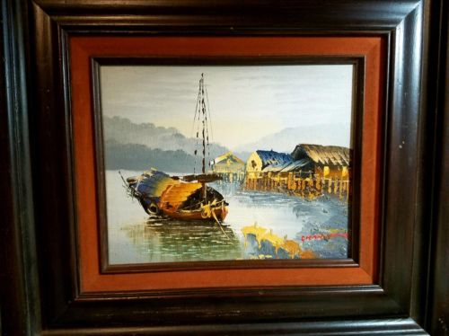 ORIGINAL OIL PAINTING CHAN HONG CHINESE BOATS HONG KONG HARBOUR SIGNED APPRAISED