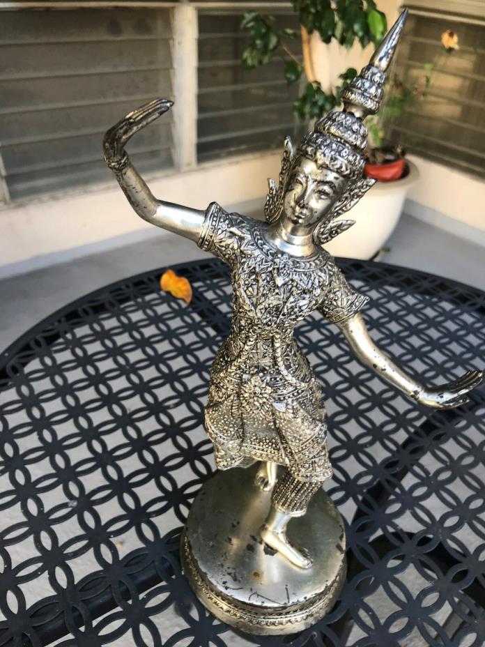 Thai Siamese Asian Statue Sculpture Silvered Dancer