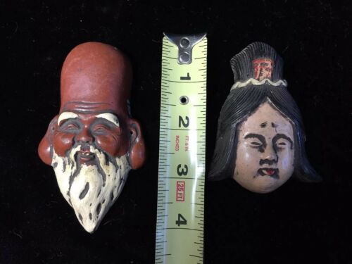 Antique Vintage Asian Clay Masks Man & Woman