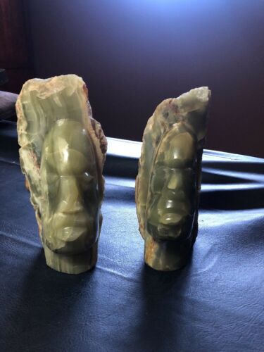 Pair Rough Hand Polished Hand Carved Green Onyx Face Statues Or Bookends