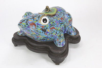 Large Cloisonne Enamel Frog W/ Lily Pad Lid Frog Finial & Wooden Stand 14.5