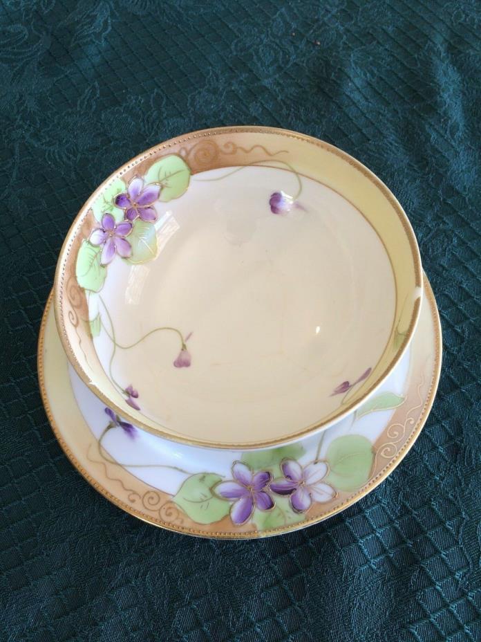 Nippon - Footed Sauce Bowl And Under Plate - Hand Painted Flowers With Moriage