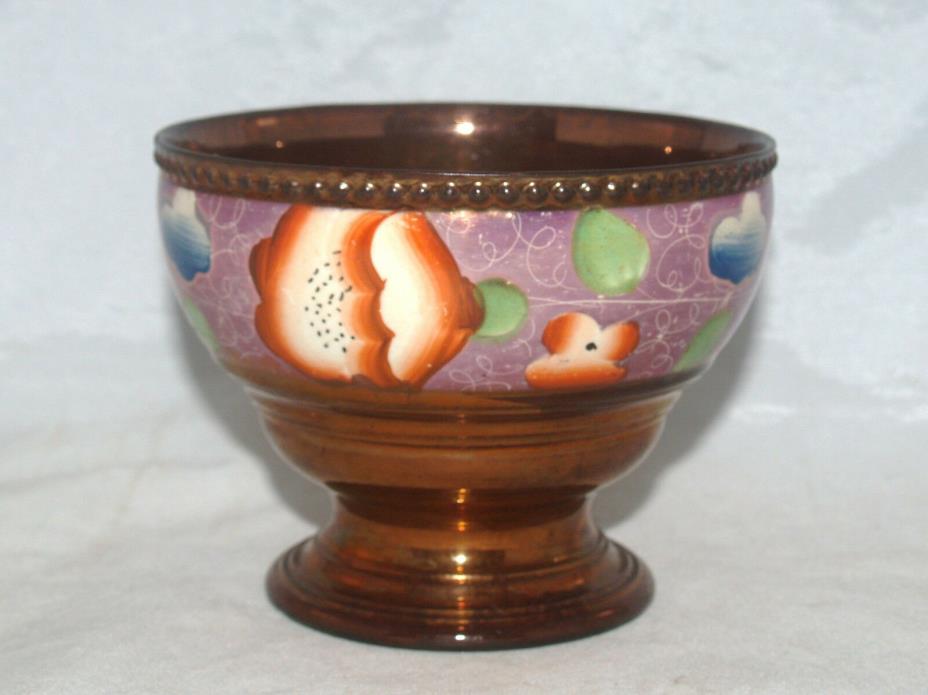 ANTIQUE COPPER LUSTRE FOOTED SUGAR BOWL GAUDY WELSH QUEENS ROSE DECORATED BAND