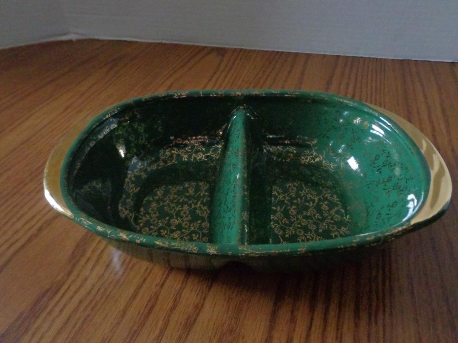Vtg Pearl China Co. USA Green Divided Candy Dish Bowl & 22 KT Gold Trim - NICE!