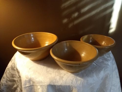 Set Of 3 Antique Hand Turned Stoneware Yelloware Nesting Bowls