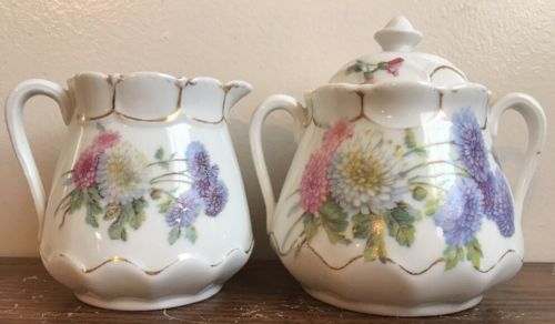 LS&S Carlsbad Austria Porcelain Creamer & Sugar Bowl Pink Blue Flowers