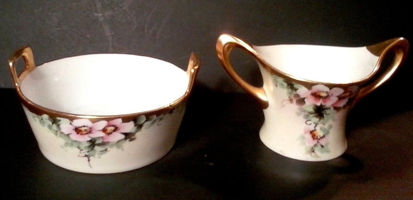 Fischer & Mieg - Royal Bavaria -  Sugar Bowl & Soup Bowl - Pink Flower Gold Rim