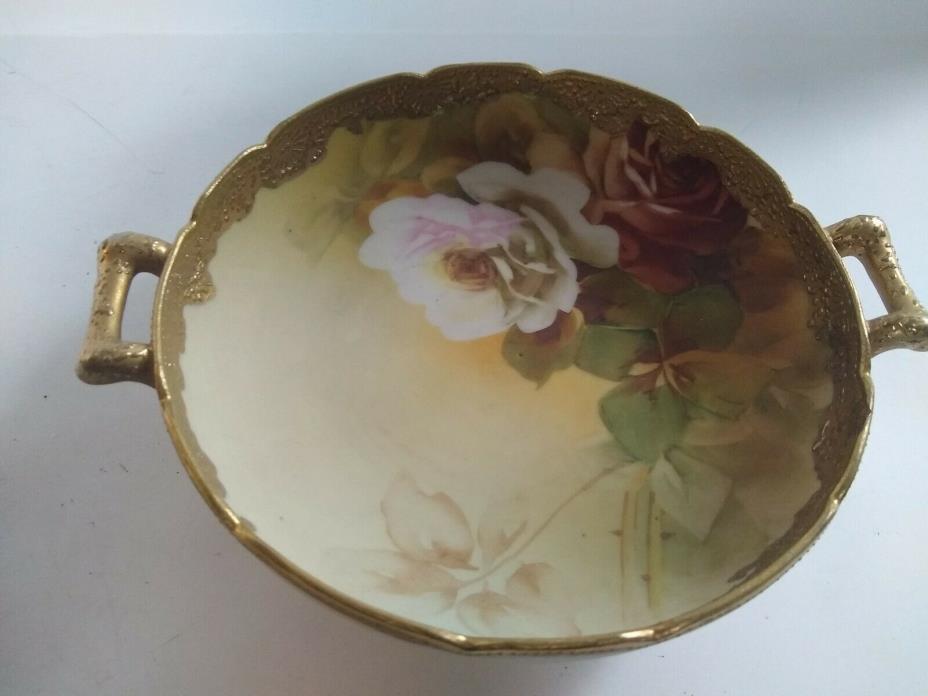 Antique Rose Porcelain Bowl with Handles Heavy Gold Trim 5 1/2