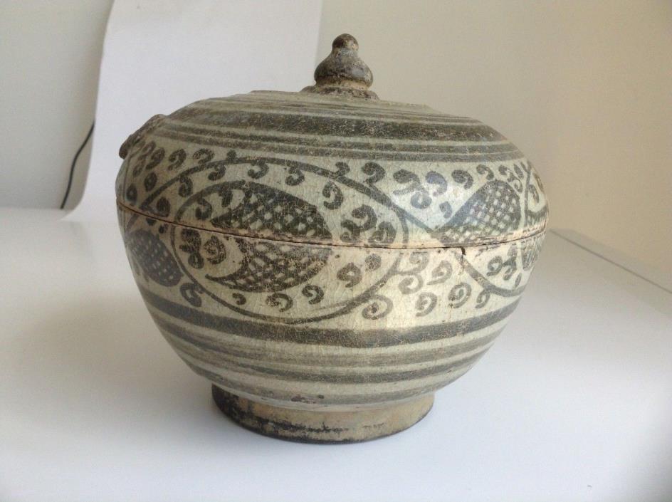 Sukhothai Stoneware Covered Bowl With Hand Painted Scrolls Pattle