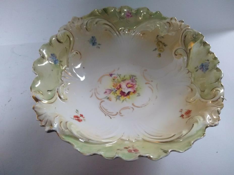 Antique Greem Floral Porcelain Bowl 10 1/2