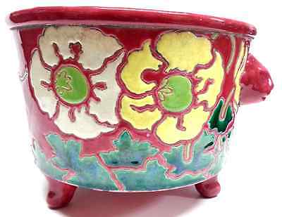 Antique Pottery Earthenware Floral Ferner, Cache Pot Bowl Sheep Handle Planter