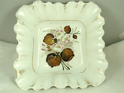 1800s Antique Square Serving Bowl Flower & Leaves Painted,Porcelain Dish,Ruffled