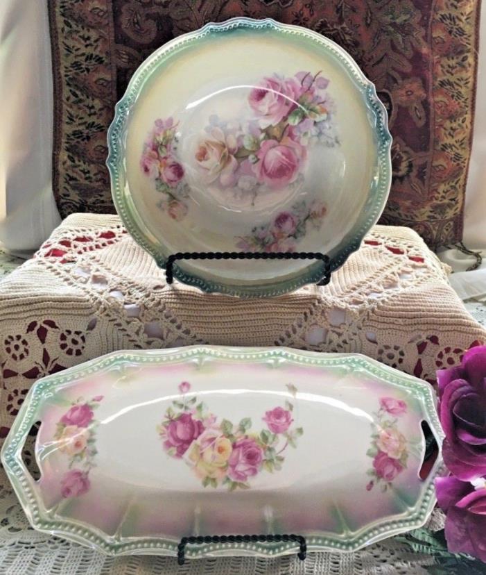 ANTIQUE EMBOSSED PORCELAIN PK SILESIA HAND PAINTED ROSES BOWL & CELERY DISH