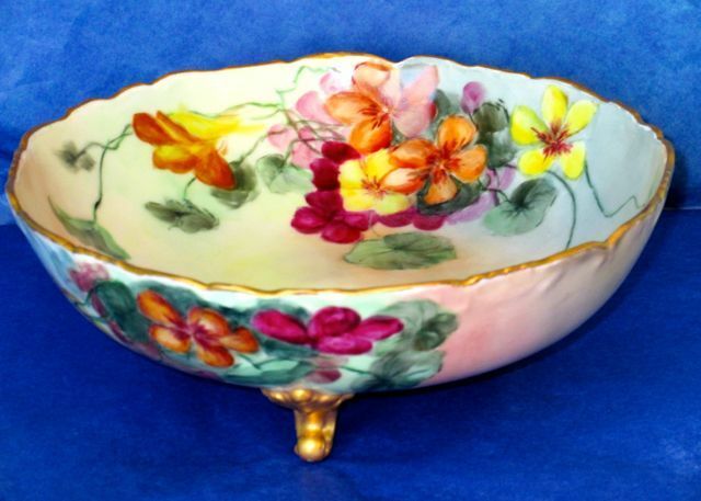 LIMOGES France Antique Hand Painted Nasturtiums Porcelain Large Footed Bowl