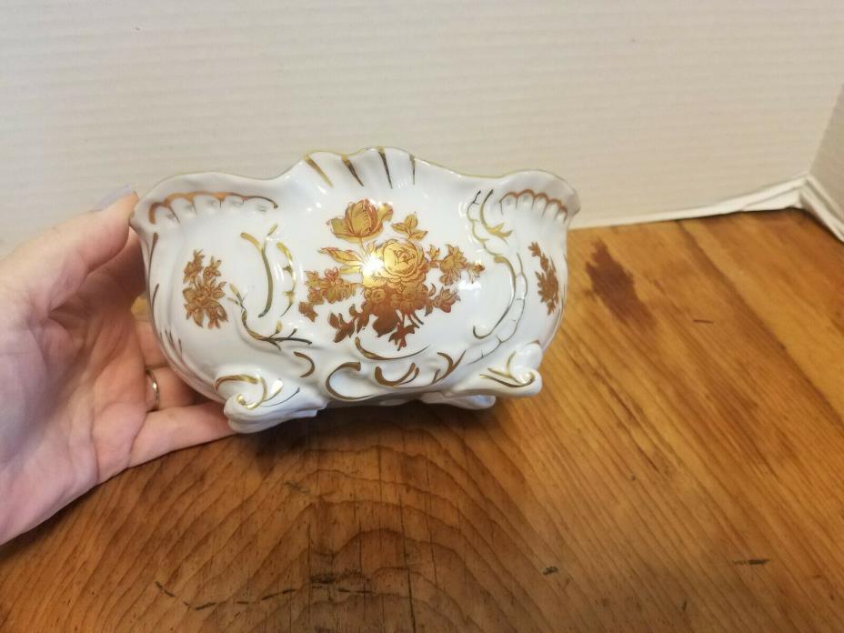 Antique Handpainted Gold Roses Porcelain Footed Oval Candy Bowl dish 6 3/4