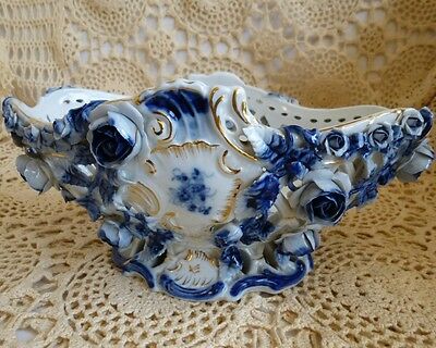 Sitzendorf blue white applied flowers fruit bowl Germany antique porcelain