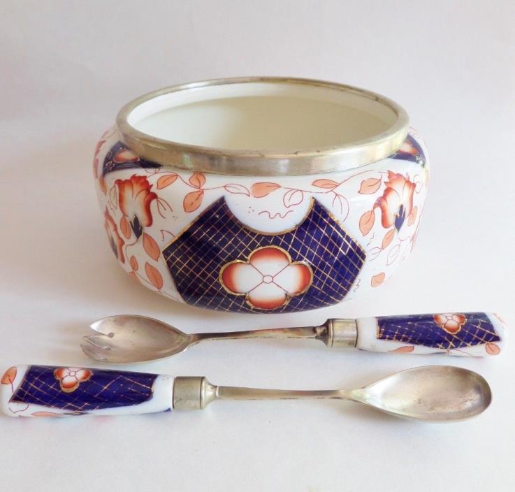 Antique Imari Pattern China Salad Bowl with Spoon and Fork HRS & Co. #0363 EPNS