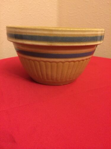 PRIMITIVE YELLOW WARE BANDED BOWL BLUE & WHITE STRIPES Lots Of Crazing