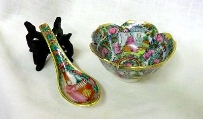 Vintage Oriental Porcelain Spoon Bowl Stand Set Hong Kong Collectible