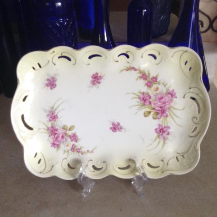 Vtg Brunswick Porcelain Square Plate/Tray Flowers Gold Trim 10 3/4