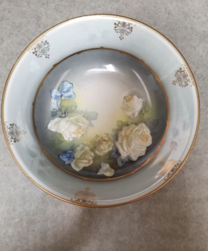 Antique Three Crowns China Germany 21 Porcelain Bowl Roses Gold Trimmed Blue