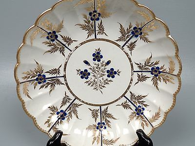 English Worcester Porcelain Scalloped Low Bowl W Gold & Blue Flower Decor - PC