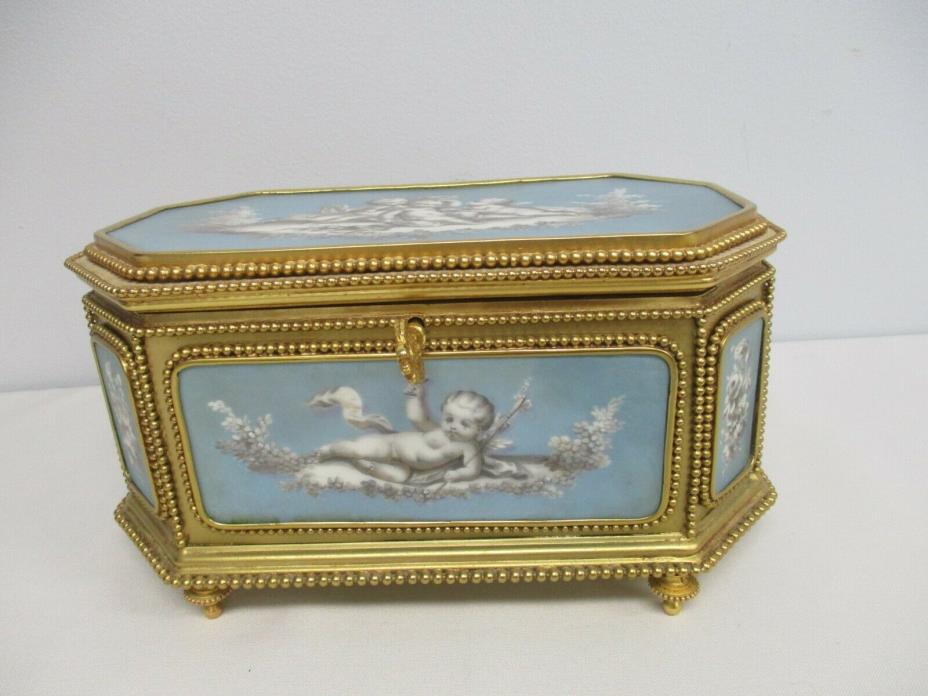 ANTIQUE FRENCH SIRAUDIN BLUE PORCELAIN BRONZE BOX with HAND PAINTED CHERUBS