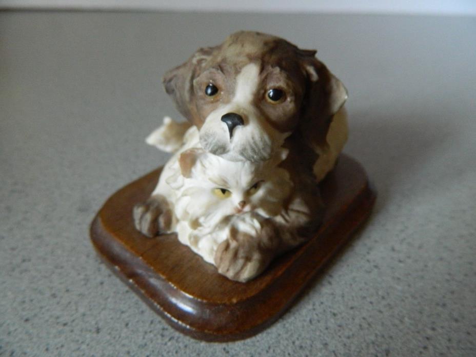 Capodimonte Dog and Cat Ceramic Figurine with Wooden Base