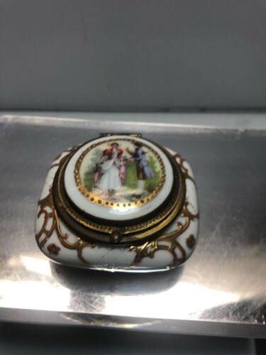 Antique French Porcelain Brass Hinged Jewelry / Dresser box with Couple