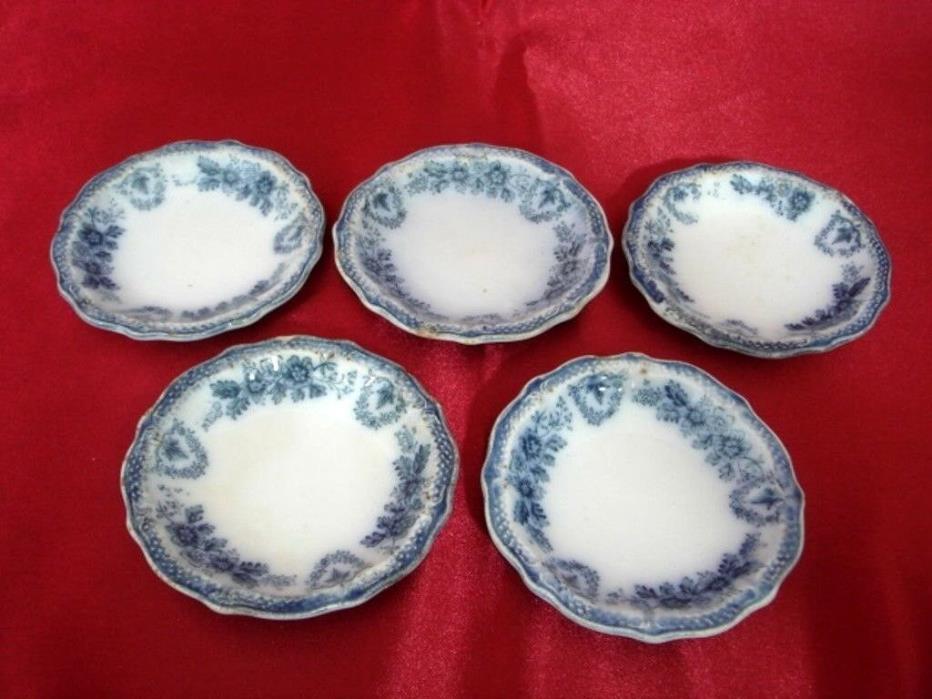 Antique Butter Pat Dishes White Blue Floral 19th Century Set of 5 Unknown Maker
