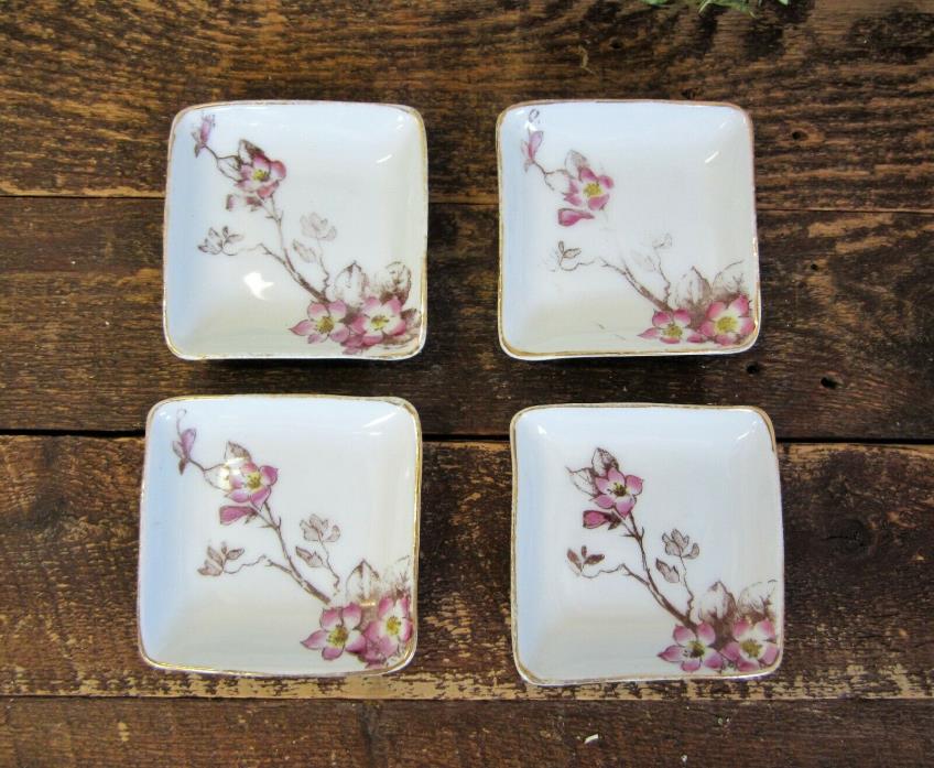 4 Vintage Porcelain China Butter Pats Small Square Plates Purple Flowers