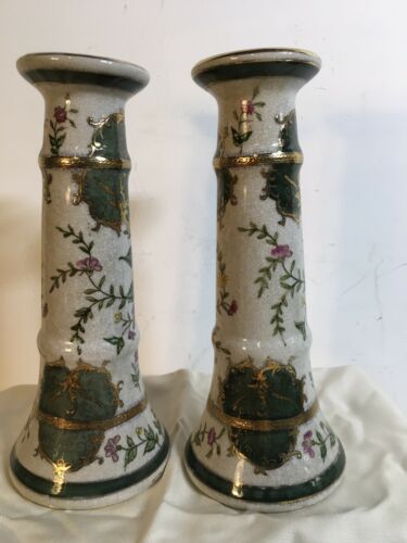 Pair of Vintage Crackle White Green Gold Porcelain Candle Holder Gilded 10