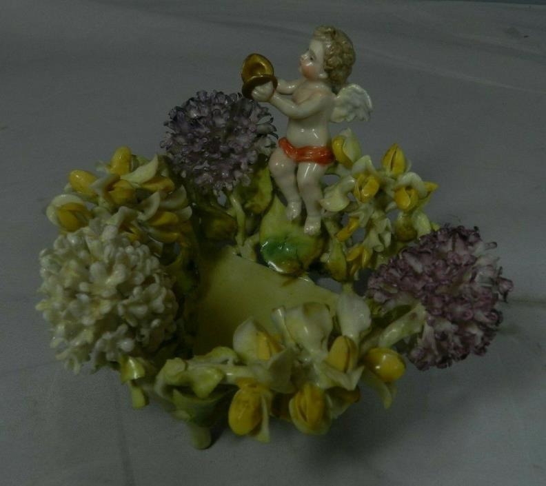 Antique Schierholz  Bowl with Cherub Figurine Applied Flowers